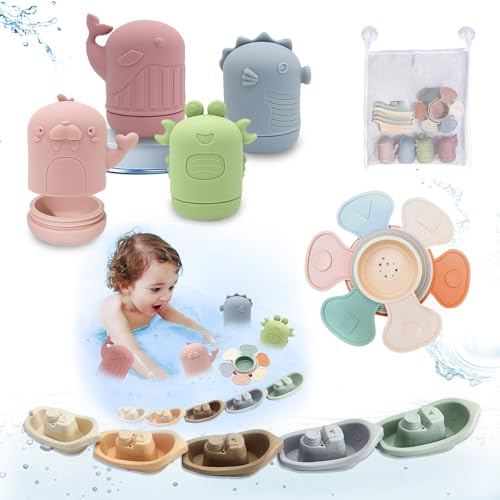 Set de 15 Jouets de Bain, Jouets de Bain Jouets à Presser Sensoriels avec Bateaux Empilables et Cuillère, Jouets pour Plage ou Plein Air, Animaux Jouets Flottants, Jouets Baignoire, pour 1 2 3 Ans