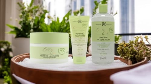 Gesichtspflege Set Damen Botanical Care Pflegeset | Creme (50ml), Peeling (100ml) & Mizellenwasser (500ml) | Vegane Naturkosmetik Tages-& Nachtcreme, Gesichtspeeling (AHA/BHA)