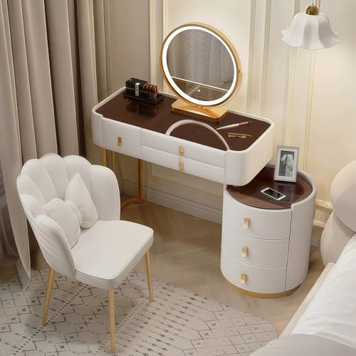 Dressing Table & Chair set, Vanity Table w/ 3-Color LED Lights Mirror, Glass Top Makeup Table with 6 Drawers for Bedroom, Side Cabinet Flexible Assembly,White 31.5in