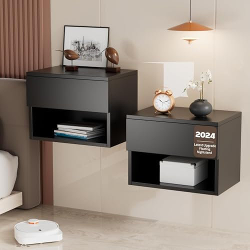 Kiseely Hängender Nachttisch Mit Schubladen Und Viel Stauraum, Schwebender Nachtschrank, Holz Regal, Beistelltisch Für Schlafzimmer (Schwarz EN1, 2 Packs)