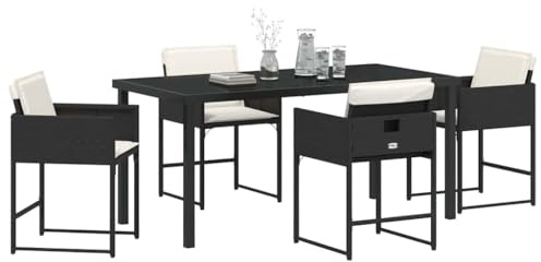 vidaXL 5-teiliges Garten-Esszimmer-Set mit Kissen in Schwarz aus Poly Rattan – perfekt für deinen Balkon. Das Set umfasst Klappstühle und Loungemöbel, die UV-beständig und wetterfest sind.