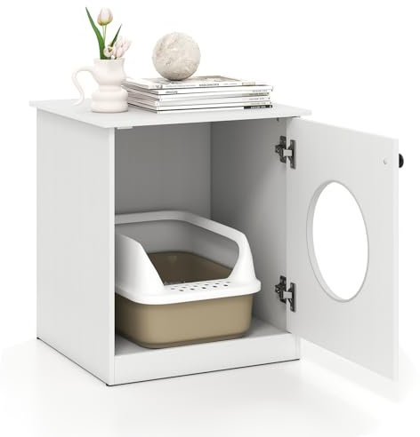 COSTWAY Meuble Litiere Chat en Bois, Grand Trou Ø 25 cm pour Accès, Maison pour Chat, Coussinets Antidérapants, Table d'Appoint, Table de Nuit pour Salon Chambre, 51 x 47 x 57 cm, Blanc