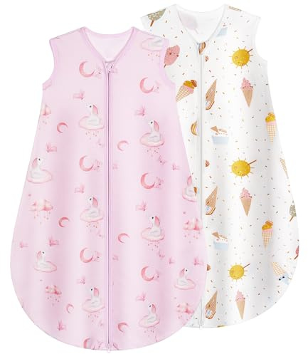 Yukkidds Schlafsack Baby Sommer 100% Baumwolle Sommerschlafsack 0.5 Tog 0-6 monate Neugeborene Schlummersack für kleine Jungen und Mädchen 2 Pack Rosa Elefant