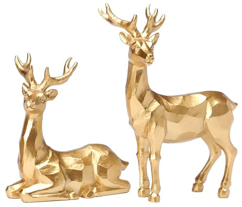 NEWLIGHTURE Golden Reindeer Christmas Figurines Set of 2, Resin Golden Tabletop Christmas Reindeer, Metallic Gold Reindeer Decor for Holiday Tabletop, Mantel, and Shelf Elegant Deer Christmas Decor