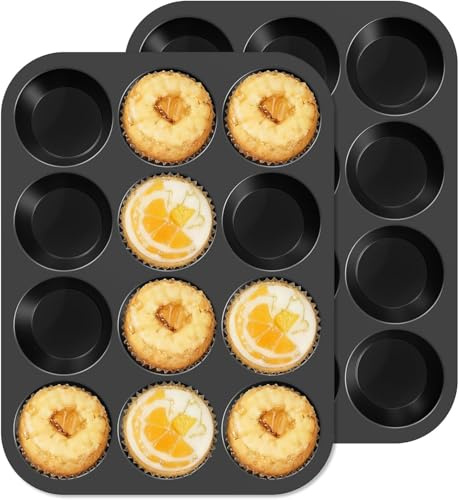 Ankway Lot de 2 Moule à Muffins en Silicone, 12 Cupcakes Anti-Adhésif Moules à Pâtisserie, pour Brownies, Pudding, Mini Muffins, Cupcake, Sans BPA, Réutilisable Compatible Lave 32 X 24 X 3cm (Noir)