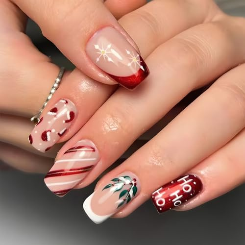 24Pcs Christmas Nails With Glue, Red False Nails, Short Square Press On Nails with Stripes, Letters, Snowflakes, Holly Berries & Christmas Hat, Full Cover Fake Nail for Women Girls Party
