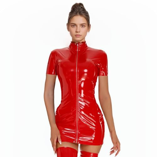 PARUPRUP Donna Sexy Pelle Cerniera Frontale Mini Vestito Latex Wetlook Bobycon Clubwear Festa Hot Babydoll (IT, Testo, L, Regular, Regular, Manica Corte Rosso)