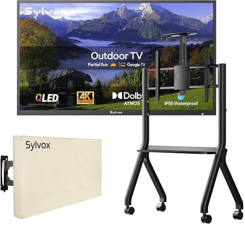 SYLVOX 43 TV Extérieur avec Housse et Support Téléviseur à roulettes - QLED 4K UHD 1000Nits, Smart Google Outdoor TV Étanche IP55, Google Assistant, pour Pool/Jardins/Terrasse (Deck Pro 2.0 QLED)