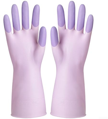 Guanti per lavare i piatti in gomma di lattice con polsino esteso e palmo testurizzato per supportare una presa sicura di oggetti scivolosi (viola)