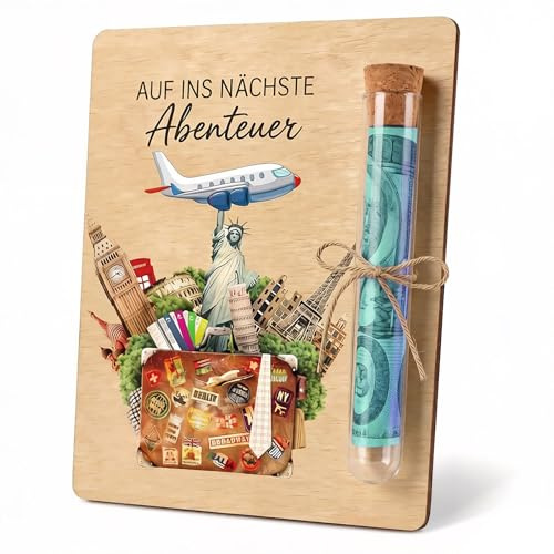 Geldgeschenk Reise Holz 10x13cm – Originelle Reisekasse Geschenk mit Flugzeug-Motiv, Urlaubskasse mit Reagenzglas für Flitterwochen, Kreative Geld Geschenke Geburtstag für Freunde Familie
