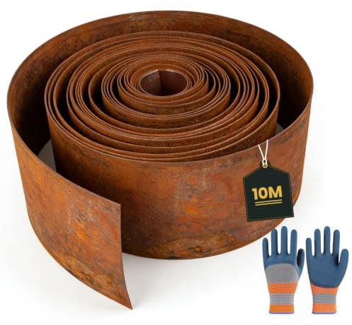 Bordura per Giardino in Acciaio Corten, Bordura Corten per Giardino, Bordura Flessibile in Metallo Effetto Ruggine per Aiuole, Prati e Sentieri (10m×15cm)