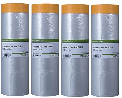 Colorus Goldband Masker 140 cm x 33 m, 4 Rollen Abdeckfolie 132 m | Malerfolie mit Klebeband und UV-beständigem Acrylat-Kleber zum Abkleben und Abdecken großer Flächen