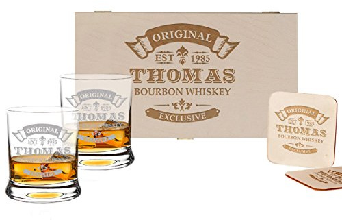 polar-effekt 5-TLG Whisky Geschenk-Set - 2 Leonardo Whiskygläser, 2 Untersetzer in Holzbox - Individueles Geschenkidee - Personalisiert mit Gravur - Motiv Original-Exklusive