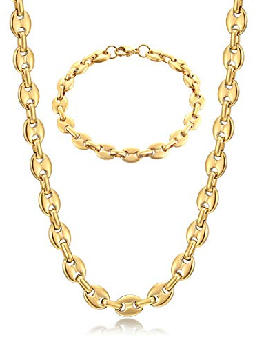 AFSTALR Collana Chicco di caffè Uomo Acciaio Inossidabile 6/9/11mm Bracciale Chicco di caffè in Set Bracciale con Catena Uomo Gioielli Argento/Oro/Nero Hip Hop di caffè Argento 51/56/61CM