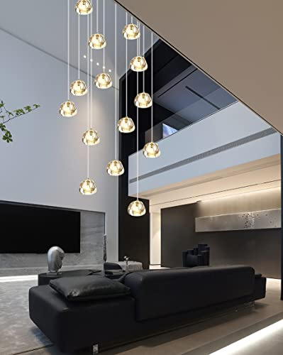 LED Moderne Pendelleuchte Kristall Deckenlampe Villa Kronleuchter | Esszimmer Pendellampe Design Treppenhaus Hängelampe Höhenverstellbar lange Deckenleuchte Hängeleuchte Rect (14-flammig)