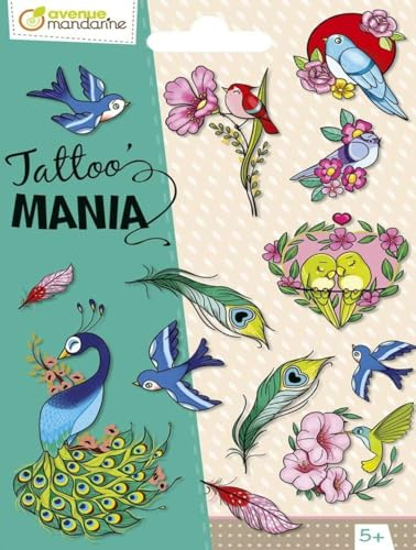 MY MANDARINE CC055C - Packung Kindertattoos / temporäre Tatoos für Kinder, Tattoo´Mania, 1 Bögen 10,5x16 cm mit 13 Tatoos, ab 5 Jahren, Vögel, 1 Pack