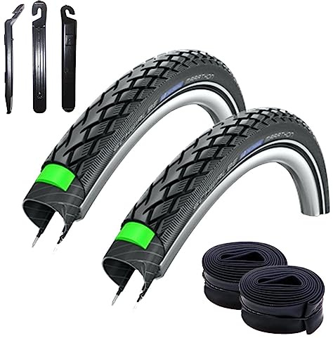 2 x Schwalbe Marathon Green Guard Fahrradreifen Reifen in Schwarz mit Reflex 37-590 (26 x 1 3/8) + 2 Schwalbe Schläuche DV12 inkl. 3 Reifenheber