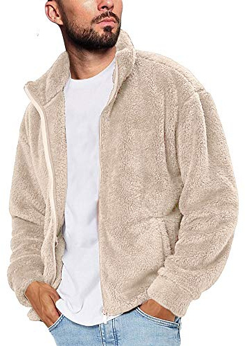 Runcati Mens Fuzzy Sherpa Jacket Cardigan Fleece Long Sleeve Full Zip Open Front Thermal Coat Fall Winter Outwear