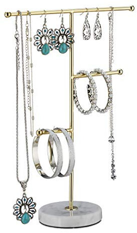 Relaxdays Schmuckständer, Marmor, 3 Stangen, Schmuck Aufbewahrung Ketten, Ohrringe & Armbänder, HxBxT 26x19x8, weiß/Gold