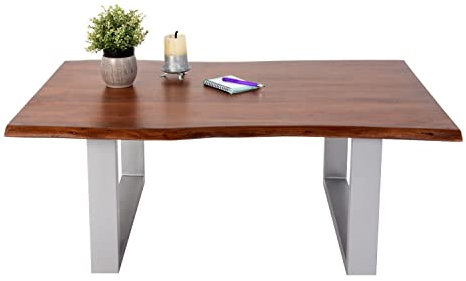 SAM Couchtisch 100 x 70 cm Insa, echte Baumkante, Akazienholz nussbaumfarben, massiver Sofatisch, U-Metallgestell Silber, Baumkantentisch 26mm Platte