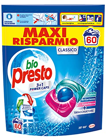 Bio Presto Bio Presto Power Caps Classique, Lessive Laveuse Prédosée en Capsules, Pack de 60 Lavages - 780 g