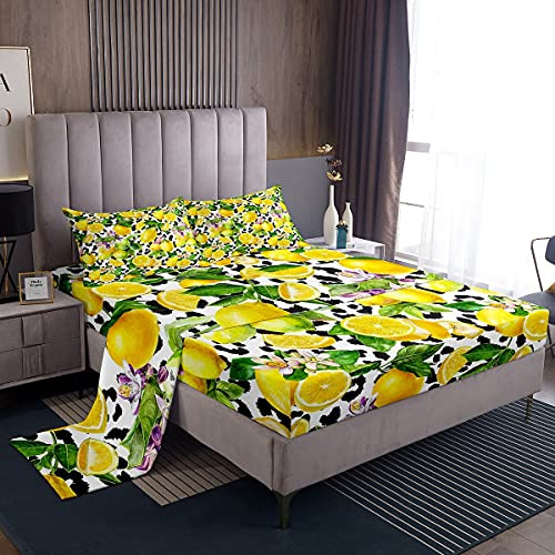 Loussiesd - Set di biancheria da letto con stampa di frutta fresca, motivo limone giallo e mucca nera e bianca, con elementi tribali, per ragazzi e adulti, con foglie verdi e fiori viola, 4 pezzi