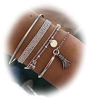 TseenYi Silber Armband Set Boho geschichtete Armreif Quaste Anhänger Armband gestapelt offene Handgelenk Kette Mode Schmuck für Frauen und Mädchen Geschenk Weihnachten 4Pcs