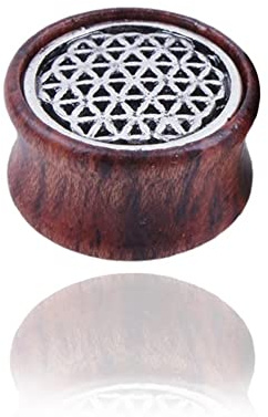 BlackAmazement Flesh Tunnel Plug Inlay Piercing Holz Wood Blume des Lebens Ornament Herren Damen