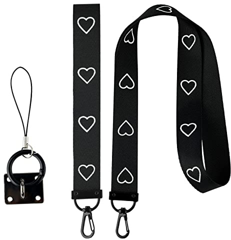 SAVITA Black Hand Wrist Strap Lanyard, Nylon Neck Lanyard Strap with Love Heart Patterns for Keychains Key Phone ID Name Tag Badge (2pcs)