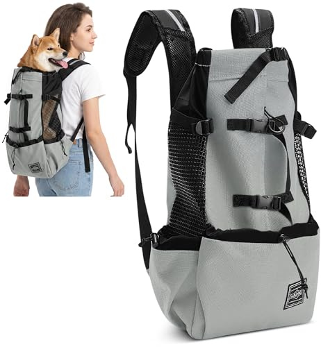 ALLSOPETS Hunderucksack Tragetasche Verstellbar für Kleine Mittelgroße Hunde, Haustier Rucksack zum Spaziergang Wandern Camping Bergsteigen Reisen (Salbeigrau, L)