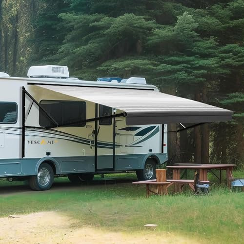 YESCAMP Motorized RV Awning Complete Kit Retractable Electric Camper Awning for RV,Trailers,5th Wheel,Toy Haulers,Motohome RV Trailer Awning for Camper or Home(11Ft,Black Frame,Black Stripe)