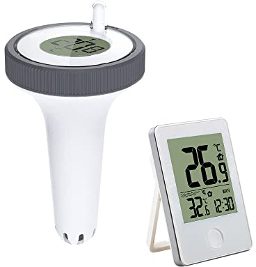 Poolthermometer,Funk Poolthermometer mit Poolsensor Wassertemperatur Innentemperatur,Poolthermometer Digitales mit LCD-Anzeig,Schwimmend Thermometer für Pool,Teich,Außenanlage