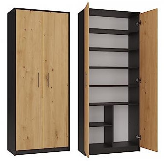 VBChome Standregal 74 x 180 x 35 cm Eiche Artisan - Antrazit Büroregal mit 8 Fächern 2 Türen Bücherregal Bücherschrank Holzwerkstoff Mehrzweckschrank für Flur Schlafzimmer Wohnzimmer Kinderzimmer