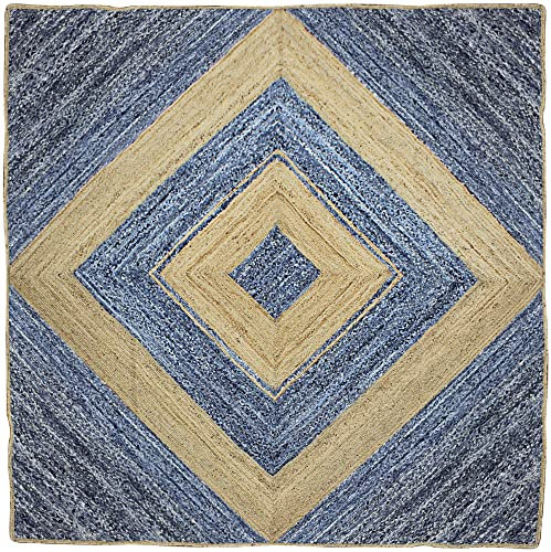 CASAVANI - Quadratischer Teppich, 1,2 m, Blau und Beige, Chindi, Baumwolle und Jute, stark frequentierte Fläche im Flur, Schlafzimmer, Wohnzimmer, Esszimmer, Küche, Terrasse, Yogamatte