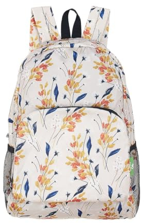 ECO CHIC leichter faltbarer Rucksack | Robuster, wasserabweisender Rucksack | Tagesrucksack zum Wandern, Camping, Reisen | Hergestellt aus recycelten Plastikflaschen (Blumen Beige)