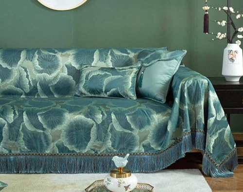 Gualiy Couchbezug 190x350cm, Blatt mit Quasten Bezug Sofa 4 Sitzer Sofa Überzug Antirutsch Dunkelgrün Sofa Überzug für Ledersofa