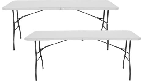 THINIA HOME Confezione da 2 tavolini pieghevoli portatili rettangolari bianchi 240 cm Tavolo multifunzione: campeggio, eventi in spazi esterni o interni | Tavolo resina gambe acciaio | 6-8 persone