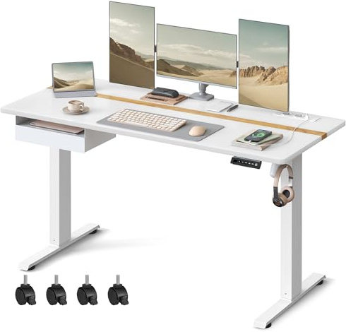VASAGLE Höhenverstellbarer Schreibtisch elektrisch, 160 x 70 cm | Stufenlos verstellbar, mit Schublade, Steckdosenleiste, Haken, Memory-Funktion, wolkenweiß-golichenfarben LSD116W01