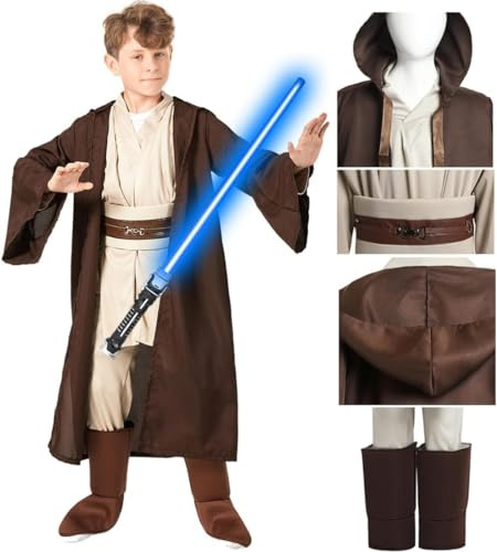 SINSEN Costume de Jedi Obi Wan Kenobi, pour enfant, avec capuche, robe et ceinture, ensemble complet pour Halloween et cosplay