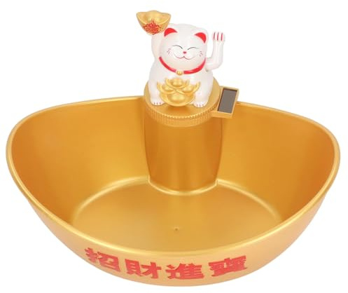Cyrank Maneki Neko, Candy Bowl Key Bowl for Entryway Table Lucky Fortune Cat Solar Powered Operated Waving Arm Fortune Cat Chinese Feng Shui Dish Decor (White)