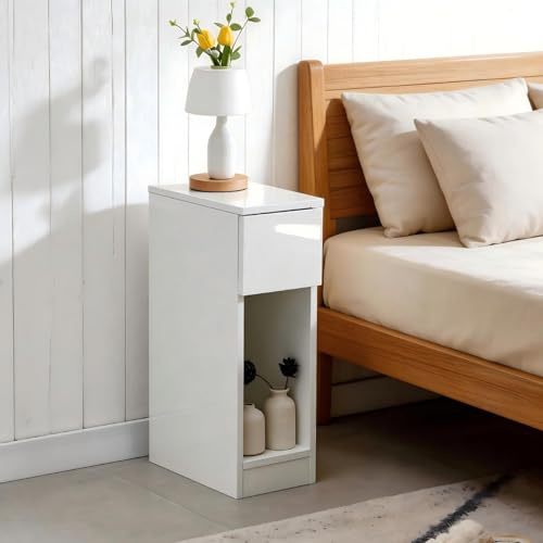 Sanery Slim Bedside Table Bedroom Nightstand with Open Shelf & Drawer, Narrow End Table Sofa Side Table for Living Room, Compact Wooden Lamp Table Telephone Table for Home Office, High Gloss White