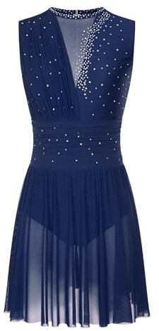 Oyolan Donna Vestito Pattinaggio Artistico Body Ginnastica Danza Strass Senza Maniche Tenuta Danza Contemporanea S-XXL, A blu marino., S