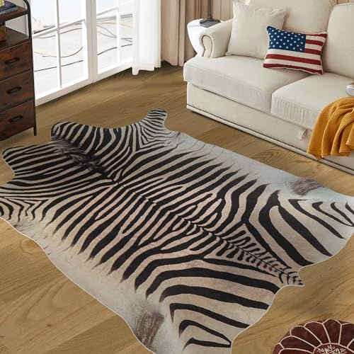Guyekobe Large Zebra Rug 7.6x6.2 ft Beige and Brown Area Rugs Faux Cowhide Rugs for Bedroom Living Room Dining Room Low Pile Animal Rug Non-Slip-No Fur