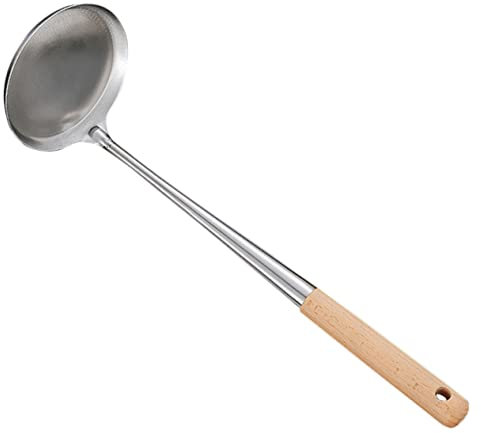 Amosfun Cooking Utensil Frying Spoon Stainless Steel Easy to Store and Carry with Wooden Handle for Frying Oil Cakes and Snacks for Household Kitchen and Restaurant Use
