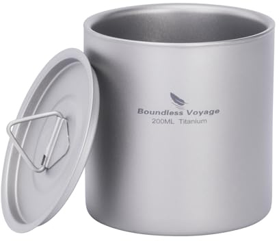 iBasingo 200ml Titan Becher Doppelwandige Tassen mit Deckel Ultraleichte Stapelbare Metall Tee Kaffee Trinkbecher Langlebige Tragbare Getränke für Outdoor Camping Reisen Täglich Gebraucht Ti3241D