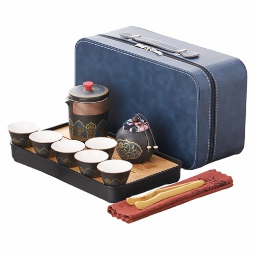 Webao Servizio da tè in porcellan, set da tè cinese da viaggio con 6 tazze in ceramica, piccola teiera con filtro integrato per tè sfuso, elegante nero
