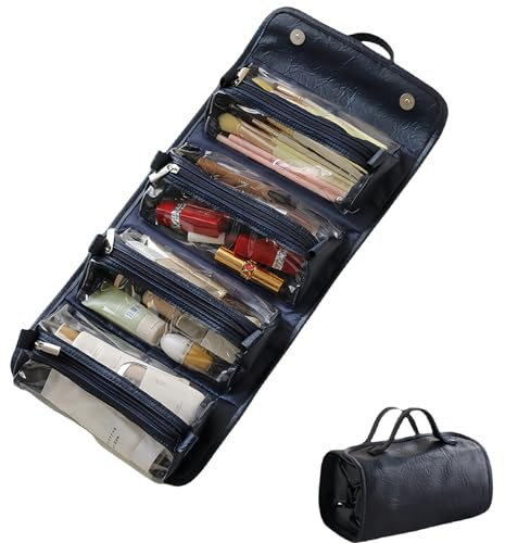 Beauty case da viaggio impermeabile, 4 scomparti trasparenti staccabili, borsa per cosmetici in pelle 4 in 1, organizer arrotolabile per trucchi, borsa da toilette portatile da appendere per donne e