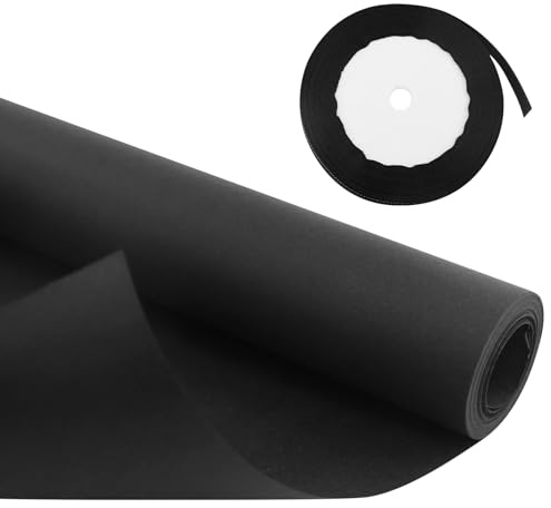 10 m x 38 cm Rolle schwarzes mattes Kraftpapier für Bastelarbeiten, Kraftpapier, großes Format, für Hochzeit, Geburtstag, mit 1 Rolle schwarzes Band mit Goldrand