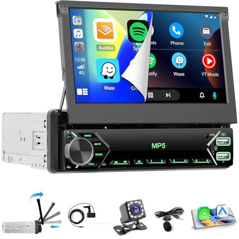 Hikity 1 Din DAB Autoradio con 7” IPS Manuale Flip Out Schermo Wireless Carplay Andriod Auto FM Radio 2USB Type-C AUX IN MIC TF Card EQ SWC Bluetooth Autoradio Telecamera di Retromarcia Mirror Link