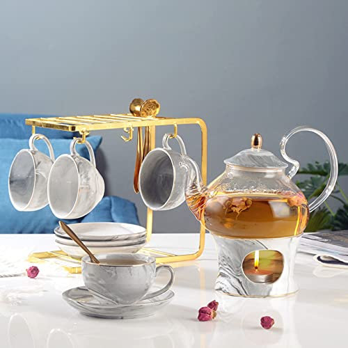 Set da caffè in porcellana con supporto in metallo per servizio di set da tè in ceramica europea, scaldavivande in vetro, set di tazze da caffè espresso per adulti e donne